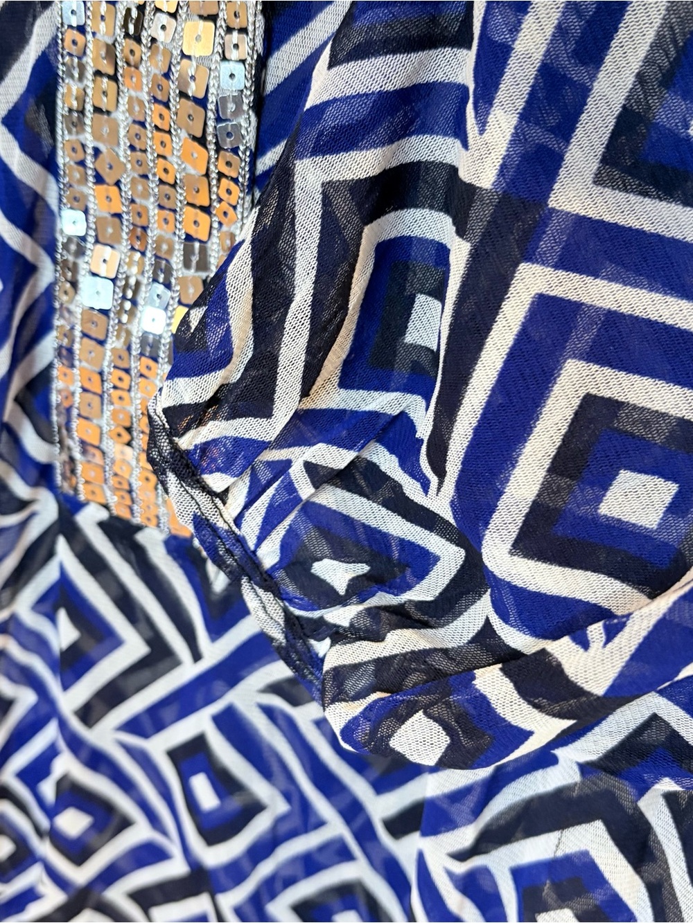 INC International Concepts Blue Geometric Sequin Peasant Blouse - Picture 8 of 9